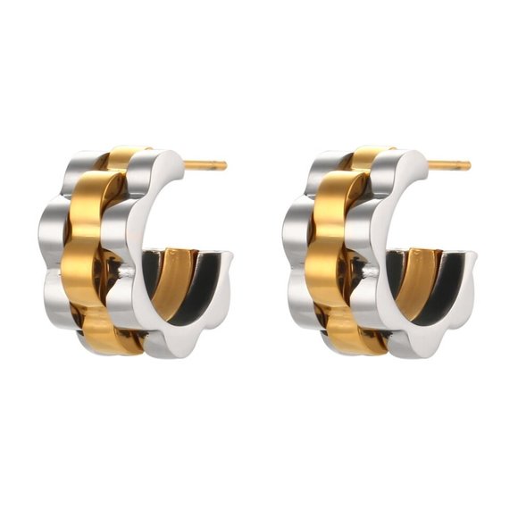 Boutique Jewelry - Vintage Two-Tone Chunky Watchband Hoop Earrings PVD 18K White Gold & Sil…